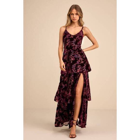 Lulus Dresses & Skirts - Lulus I Love You Amore Plum Purple Floral Velvet Tiered Maxi Dress - Size M